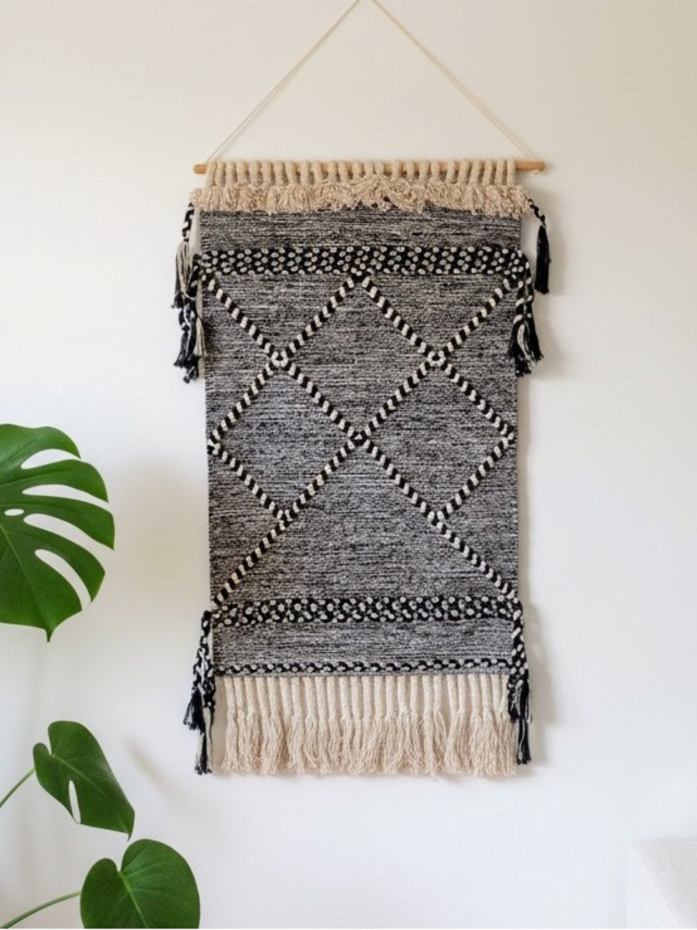 25" x 44", Handmade Boho Decor Black & Beige Woven Wall Hanging w/ Fringe